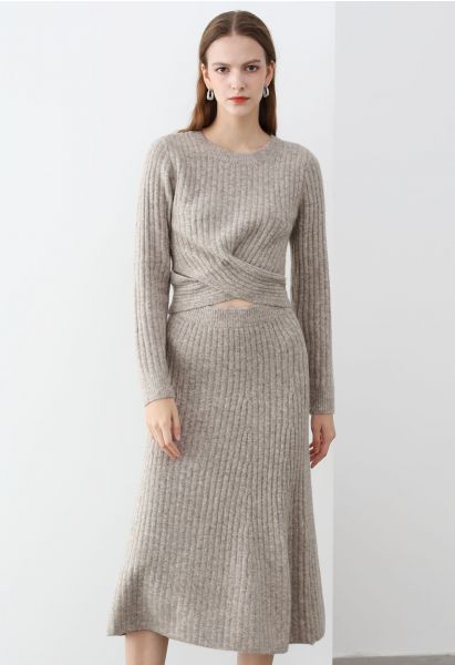 Cross Waist Wool-Blend Top and Skirt Set in Oatmeal