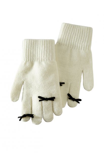 Bowknot Decor Fingerhole Knit Gloves in Cream