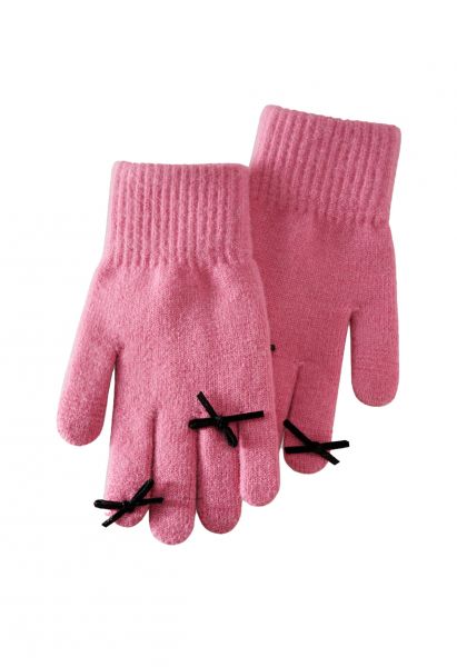 Bowknot Decor Fingerhole Knit Gloves in Pink