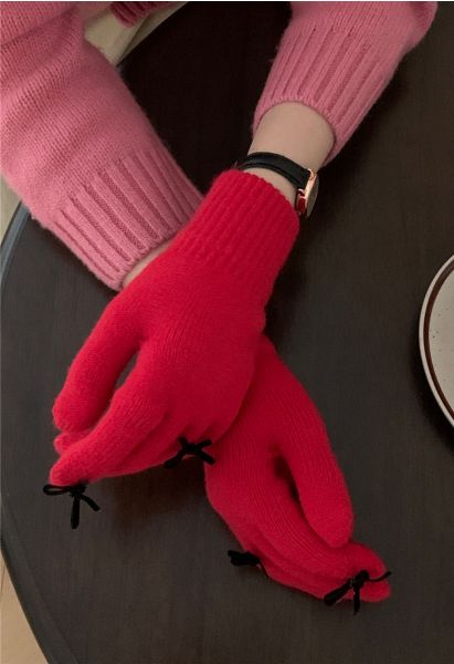Bowknot Decor Fingerhole Knit Gloves in Red