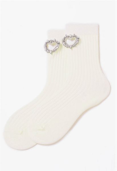 Rhinestone Hollow Out Heart Cotton Socks in White