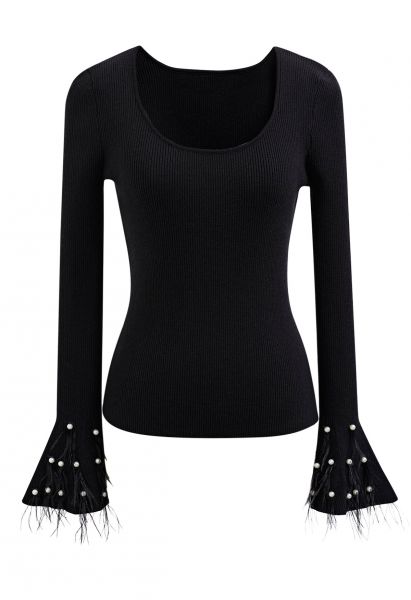 Pearly Feather Cuffs Scoop Neck Knit Top in Black