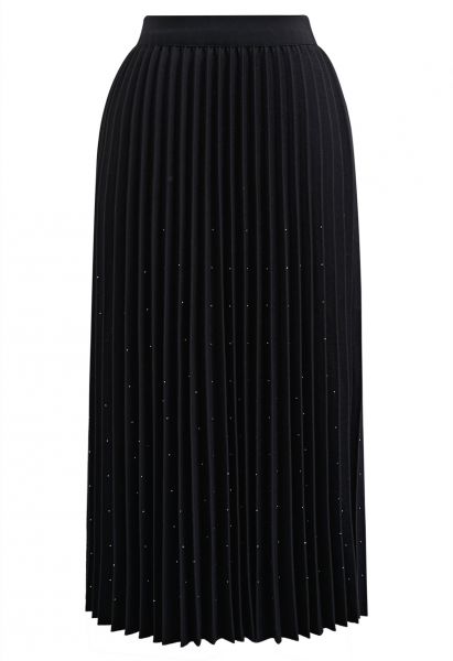 Gleaming Pleated Midi Skirt in Black