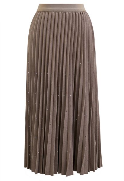 Gleaming Pleated Midi Skirt in Khaki