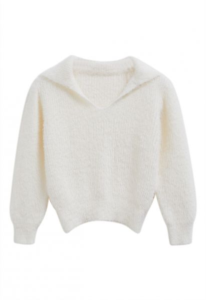 Flap Collar Fuzzy Knit Cropped Sweater in White