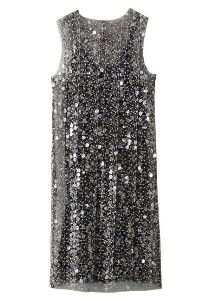 Embroidered Sequin Mesh Sleeveless Dress in Black