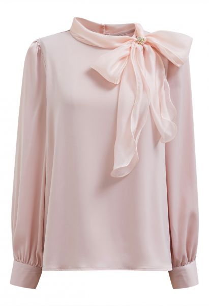 Self-Tie Bowknot Floral Brooch Satin Shirt in Pink