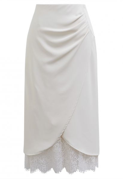 Lace Inserted Tulip Midi Skirt in White