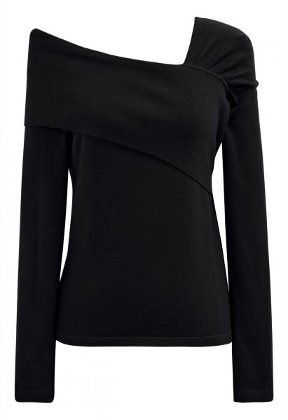 Asymmetric Folded Shoulder Knit Top in Black