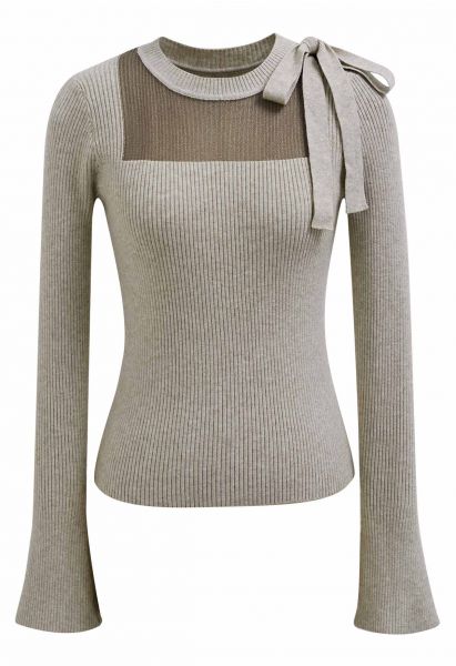 Mesh Inserted Side Bowknot Fitted Knit Top in Taupe