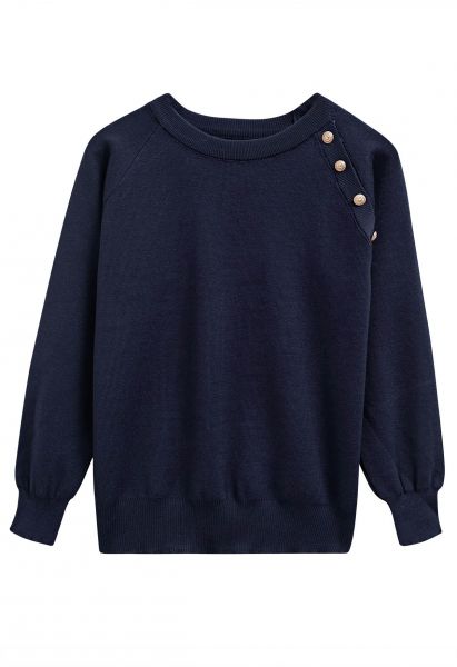 Solid Color Golden Buttoned Knit Top in Navy