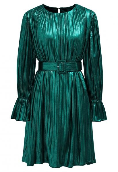 Glamorous Plisse Belted Mini Dress in Green