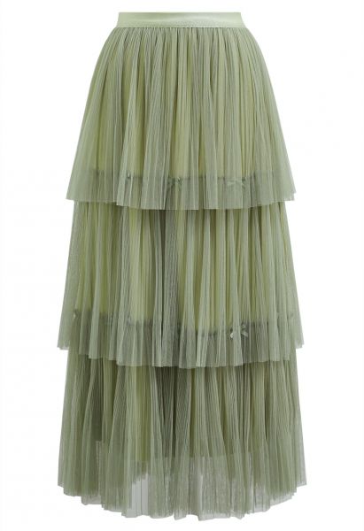 Bowknot Embellished Plisse Tiered Mesh Tulle Skirt in Pistachio