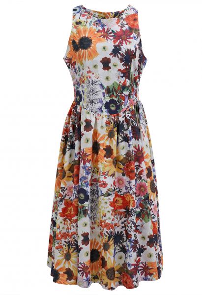 Cutout Back Floral Sleeveless Midi Dress