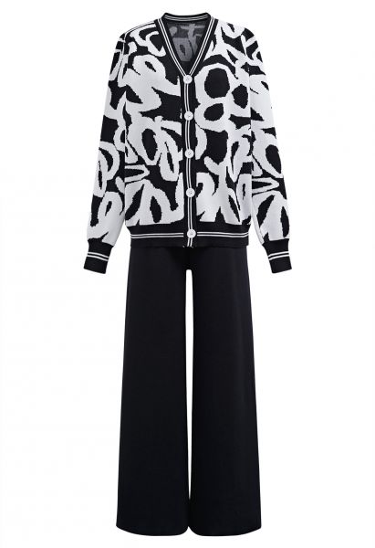 Abstract Print Buttoned Knit Cardigan and Pants Set in Black