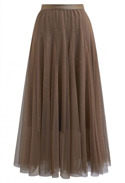 Venus Glitter Mesh Tulle Midi Skirt in Caramel