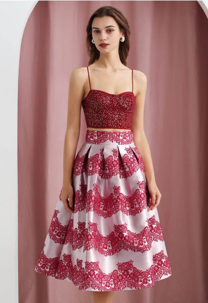 Magnificent Floral Jacquard Pleated Midi Skirt in Red