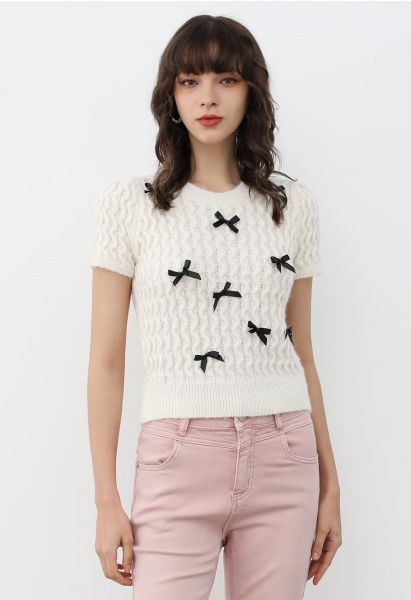 Endearing Bowknot Embellished Short Sleeve Knit Top in White