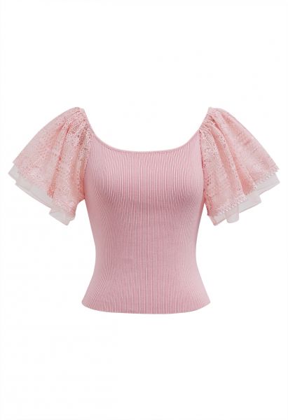 Cutwork Lace Flutter Sleeves Spliced Knit Top in Pink