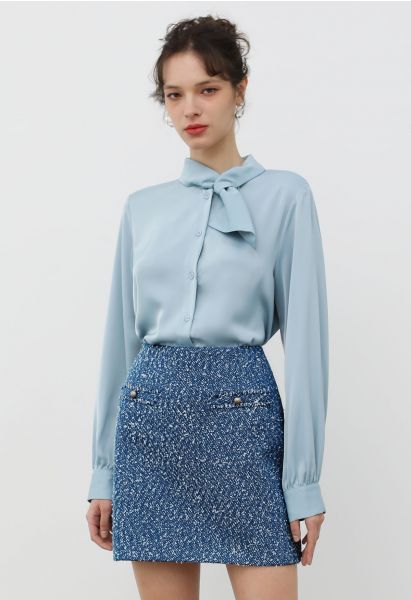 Mix-Color Buttoned Tweed Mini Skirt in Blue