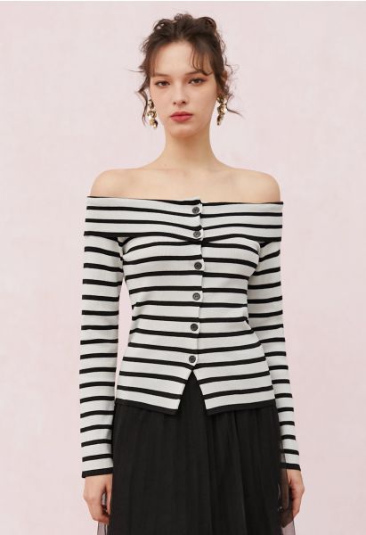 Off-Shoulder Button Down Striped Knit Top in Black