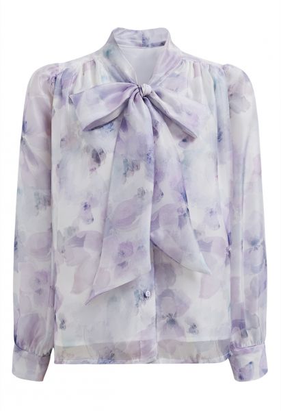 Bowknot Neck Watercolor Floral Sheer Shirt in Lilac