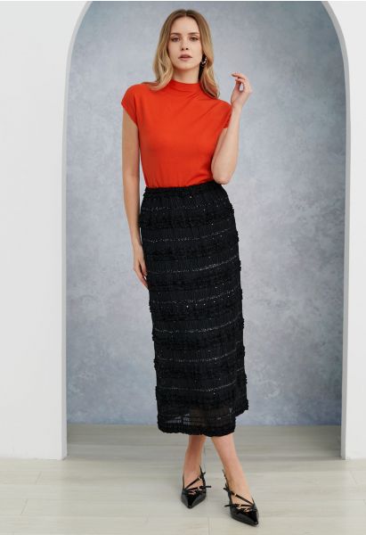 Ruched Mesh Fuzzy Sequin Pencil Skirt in Black