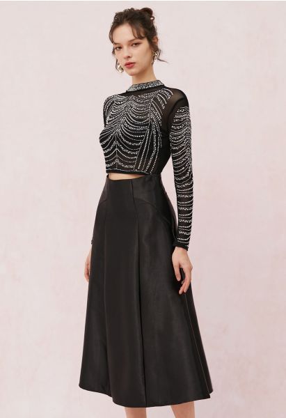 Glossy A-Line Midi Skirt in Black