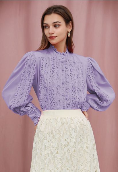 Exquisite Cutwork Bubble Sleeves Button-Up Shirt in Lilac