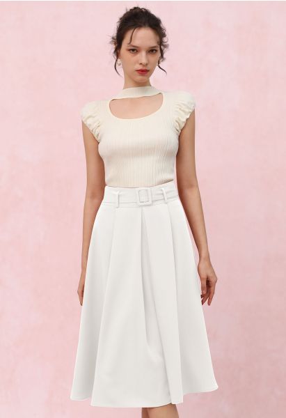 Refined Pleated Belt Midi Skirt in White