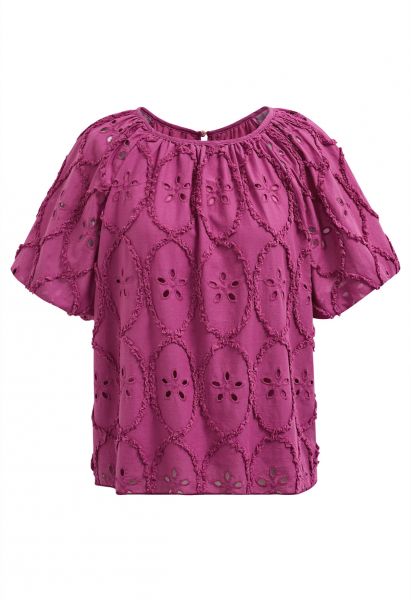 Floral Eyelet Embroidery Bubble Sleeves Top in Magenta