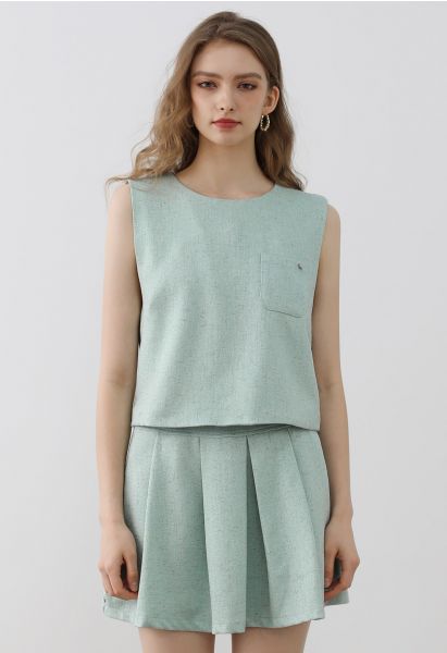 Chic Tweed Sleeveless Top and Pleated Mini Skirt Set in Mint
