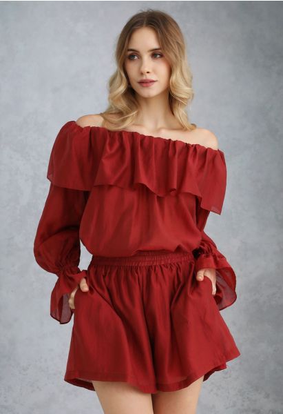 Breezy Off-Shoulder Top and Shorts Set in Red