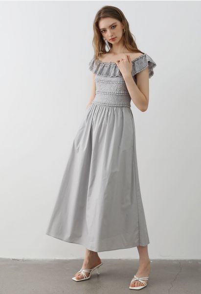 Tiered Lace Off-Shoulder Spliced Dress in Grey