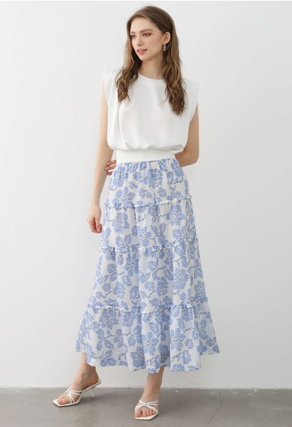 Sunny Blooms Ruffle Trim A-Line Skirt in Blue