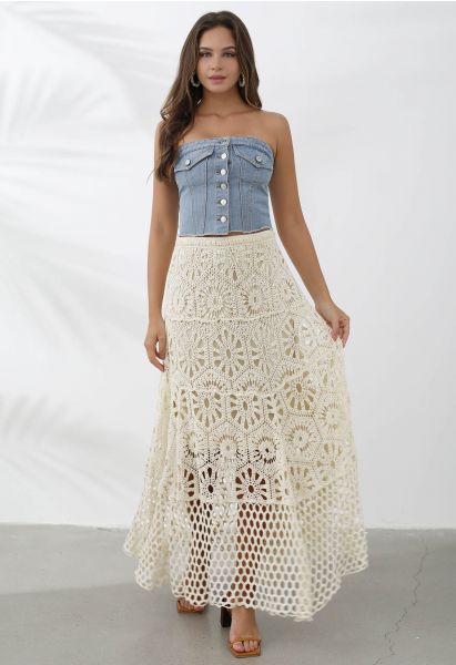 Bohemian Cutwork Crochet Maxi Skirt in Sand