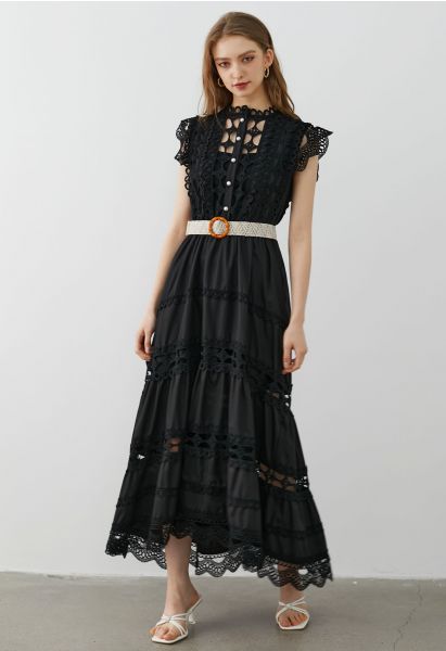Belted Cutwork Pearly Sleeveless Maxi Dress in Black