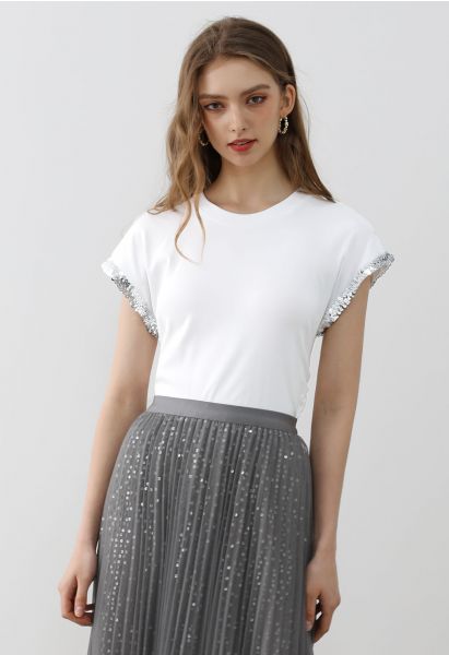 Sequined Cuff Ruched Side T-Shirt in White