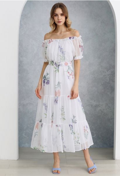 Botanical Printed Off-Shoulder Chiffon Dress