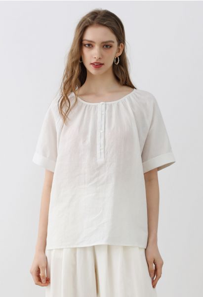 Buttoned Front Roll-Cuff Dolly Top in White