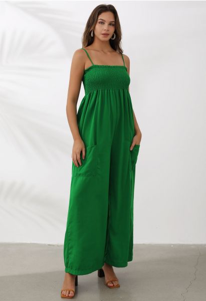Snazzy Patch Pocket Wide-Leg Cami Jumpsuit in Green