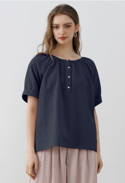 Buttoned Front Roll-Cuff Dolly Top in Navy