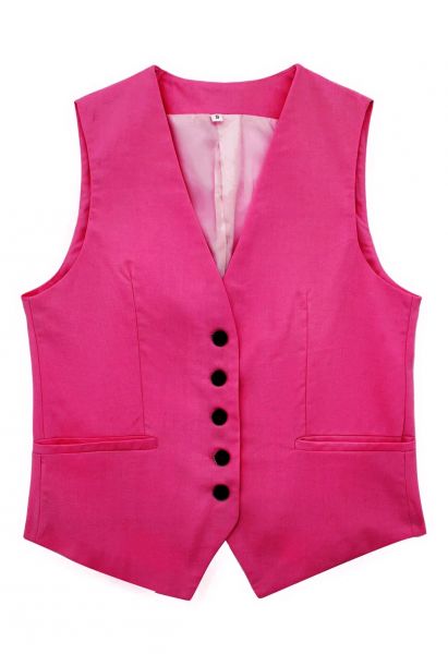 V-Neck Buttoned Down Linen-Blend Vest in Hot Pink