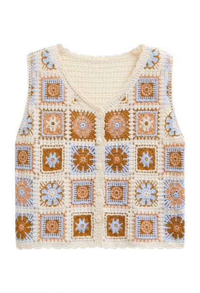 Floral Patchwork Crochet Buttoned Knit Vest