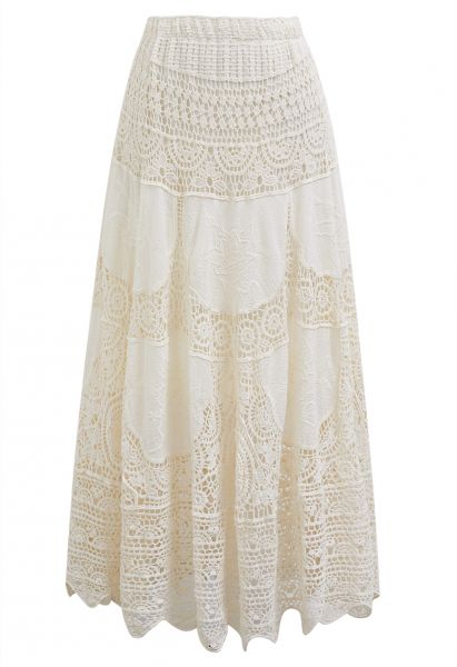 Embroidered Floral Cutwork Crochet Maxi Skirt in Cream