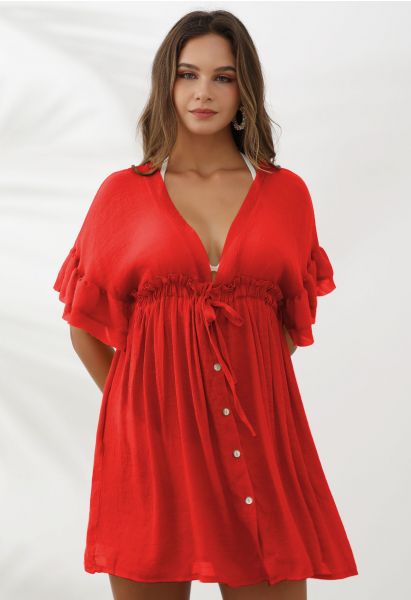 Deep V-Neck Flounce Sleeve Buttoned Cover-Up in Red