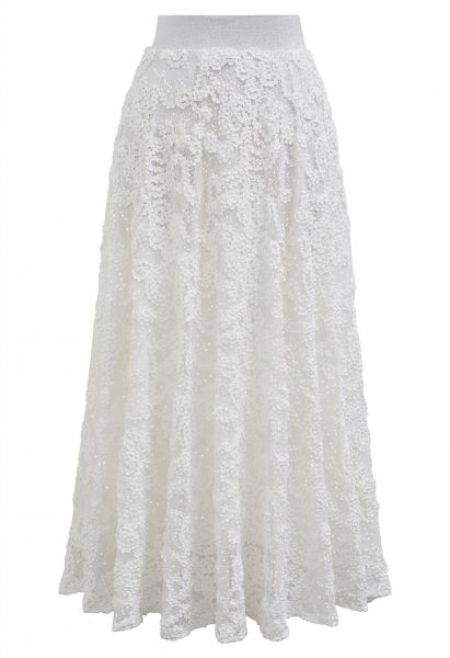 Floral Crochet Sequin Embellished Fishnet Maxi Skirt in White