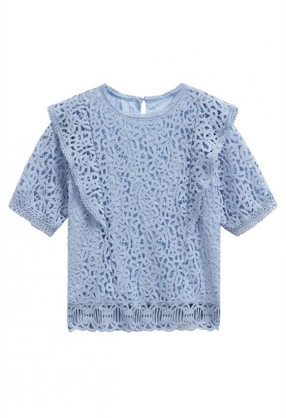 Crew Neck Guipure Lace Top in Blue