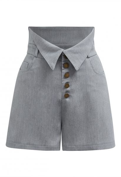Nostalgic Button Folded Waist Shorts in Grey