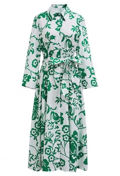 Green Floral Button Down Midi Shirt Dress